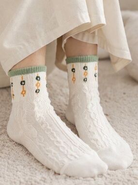 Women’s White and Floral Crew Socks with Green Trim - OS